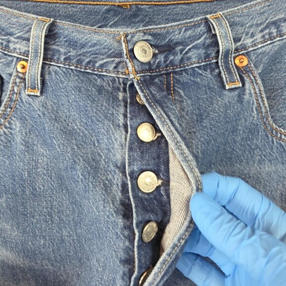 Levis 501 Jeans Womens 32 Blue Button Fly Distressed Denim Pants Straight Leg - Picture 8 of 13